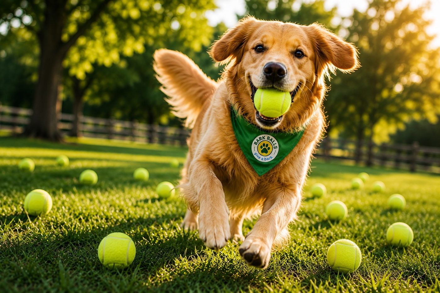 Golden retriever running with a Bark Balls tennis ball